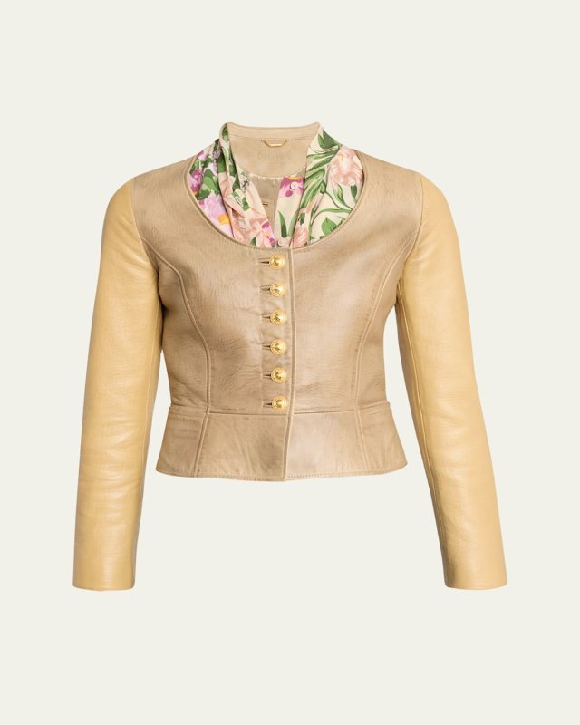 Scoop-Neck Leather Single-Breasted Jacket